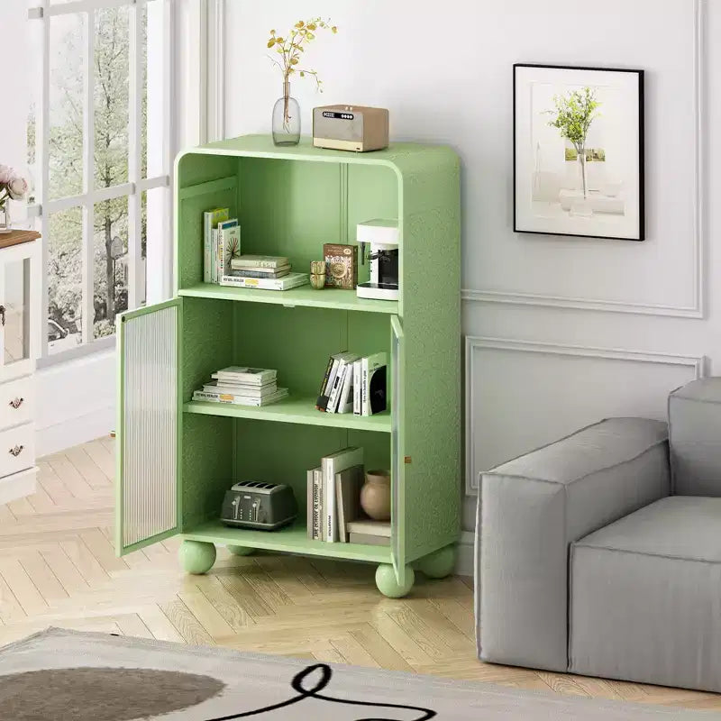 Mobiletto da bagno verde/bianco autoportante con ante in vetro temperato e ripiano aperto, per famiglia di 2 persone