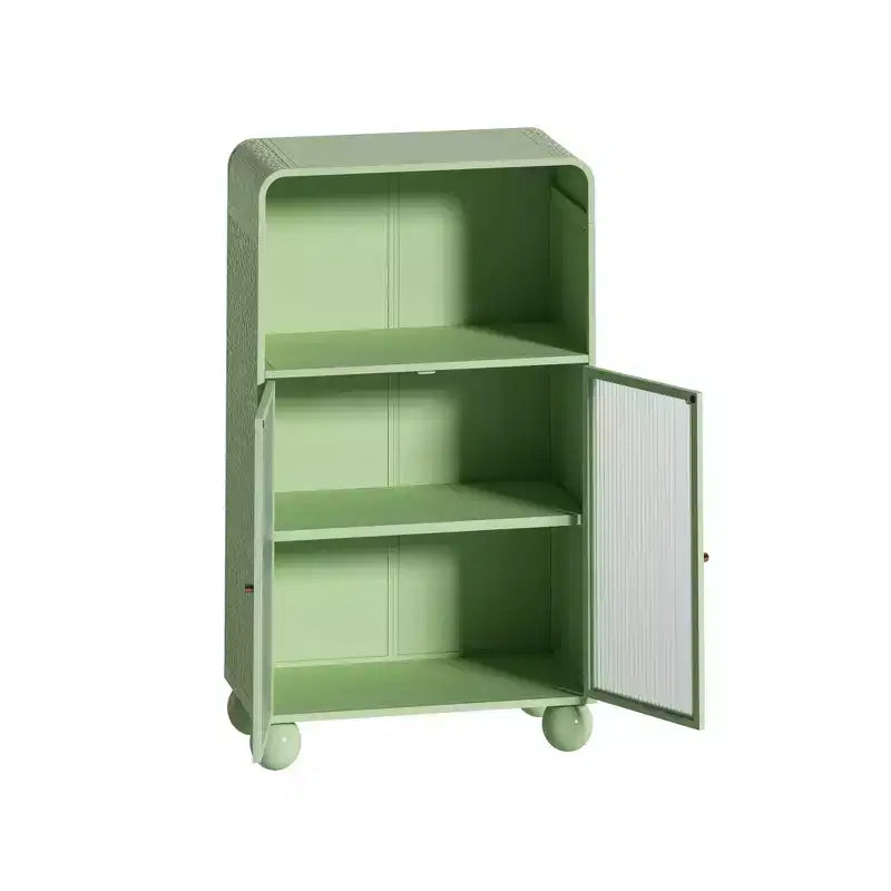 Mobiletto da bagno verde/bianco autoportante con ante in vetro temperato e ripiano aperto, per famiglia di 2 persone