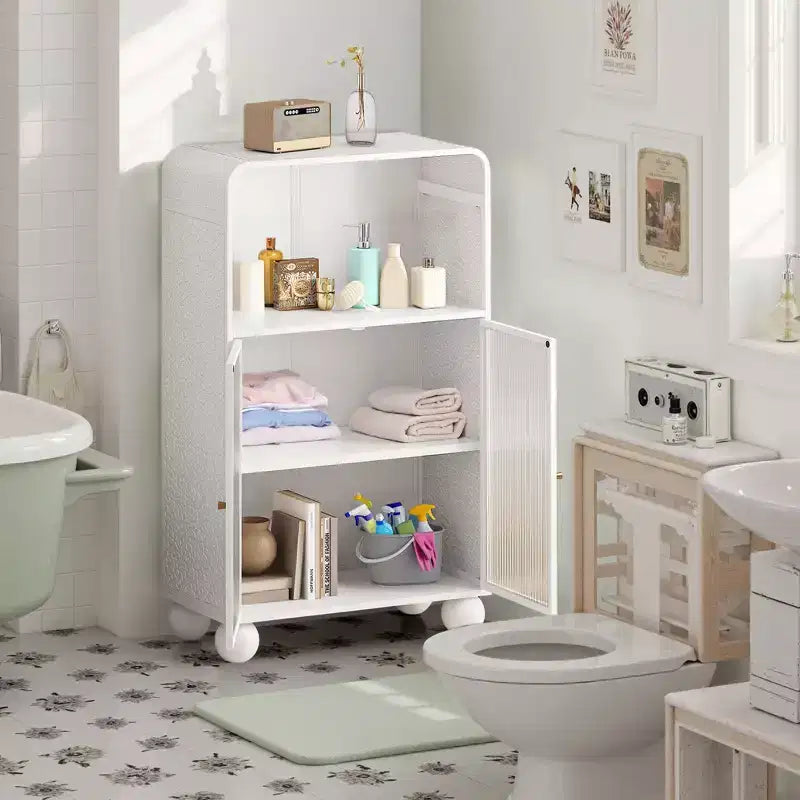 Mobiletto da bagno verde/bianco autoportante con ante in vetro temperato e ripiano aperto, per famiglia di 2 persone