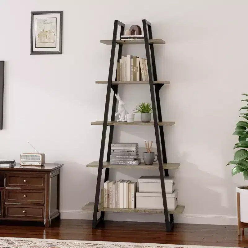 Libreria a scaletta aperta a 5 ripiani grigio/gialla, 72" con struttura in metallo industriale
