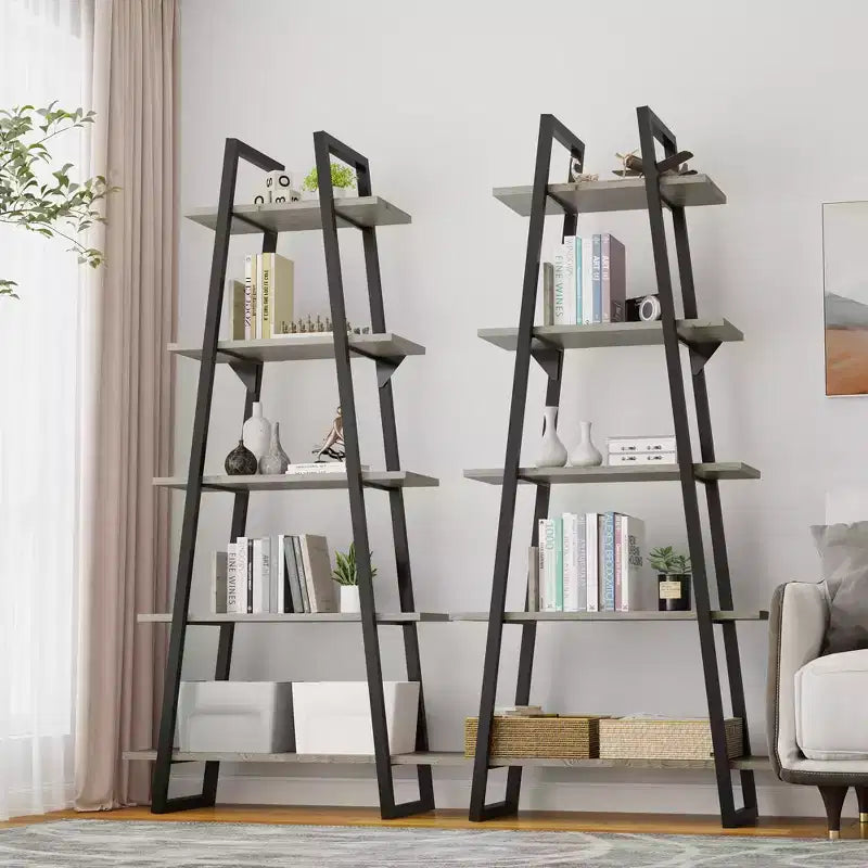 Libreria a scaletta aperta a 5 ripiani grigio/gialla, 72" con struttura in metallo industriale