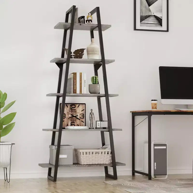 Libreria a scaletta aperta a 5 ripiani grigio/gialla, 72" con struttura in metallo industriale