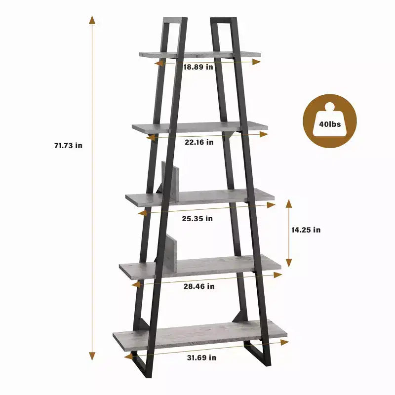 Libreria a scaletta aperta a 5 ripiani grigio/gialla, 72" con struttura in metallo industriale