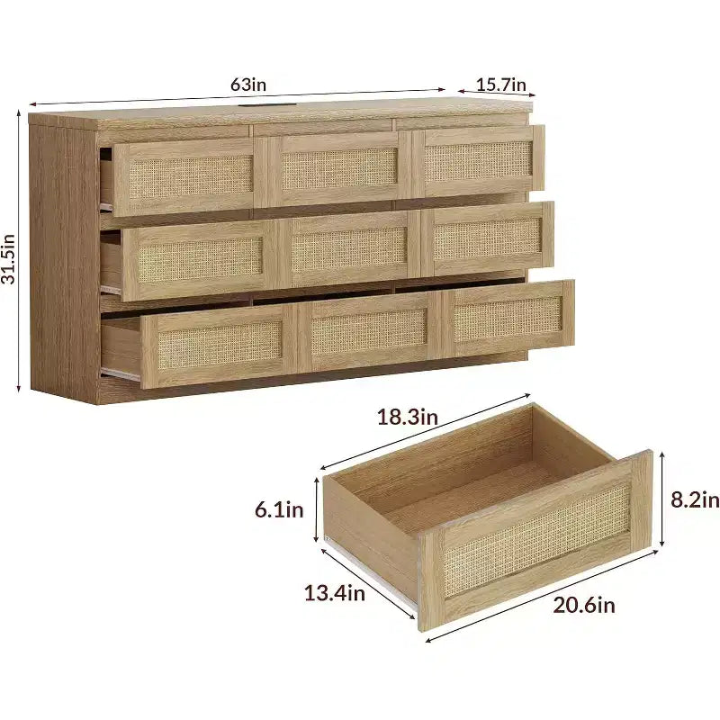 Cassettiera a 9 cassetti in rattan, nero/marrone/bianco, 160 cm, stile boho, per camera da letto/soggiorno/ingresso