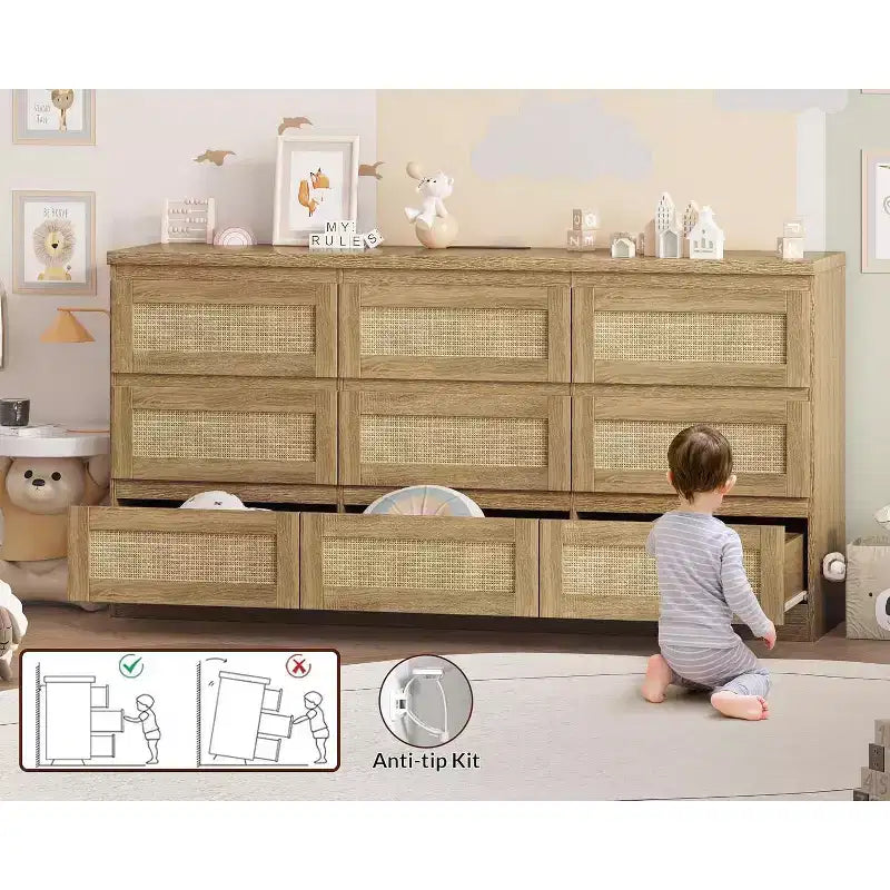 Cassettiera a 9 cassetti in rattan, nero/marrone/bianco, 160 cm, stile boho, per camera da letto/soggiorno/ingresso
