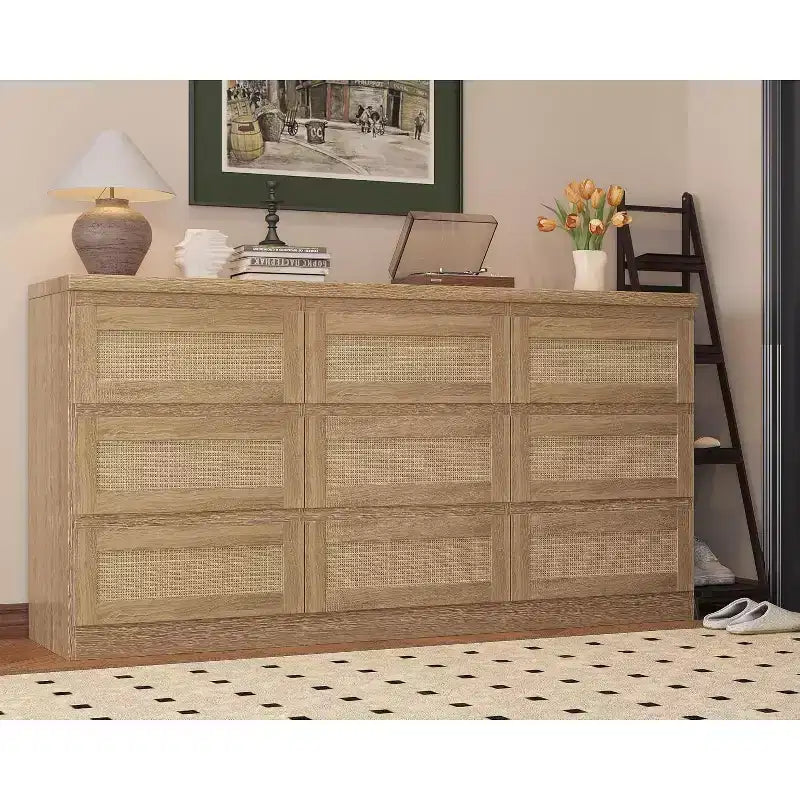Cassettiera a 9 cassetti in rattan, nero/marrone/bianco, 160 cm, stile boho, per camera da letto/soggiorno/ingresso