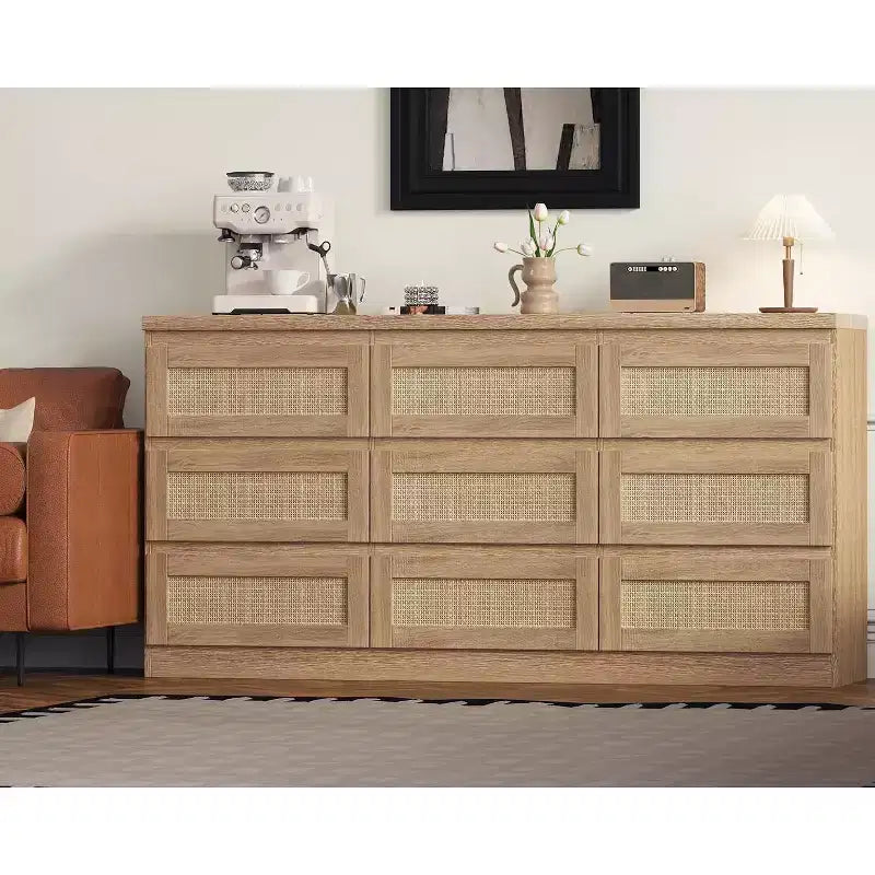 Cassettiera a 9 cassetti in rattan, nero/marrone/bianco, 160 cm, stile boho, per camera da letto/soggiorno/ingresso