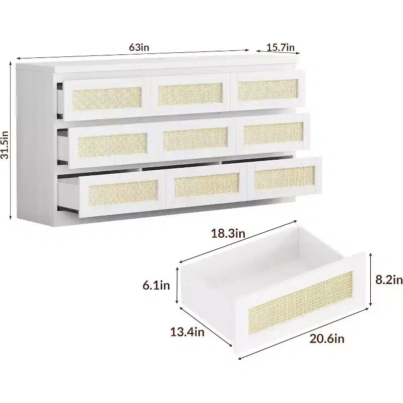 Cassettiera a 9 cassetti in rattan, nero/marrone/bianco, 160 cm, stile boho, per camera da letto/soggiorno/ingresso