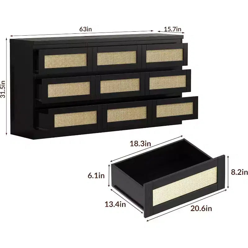 Cassettiera a 9 cassetti in rattan, nero/marrone/bianco, 160 cm, stile boho, per camera da letto/soggiorno/ingresso