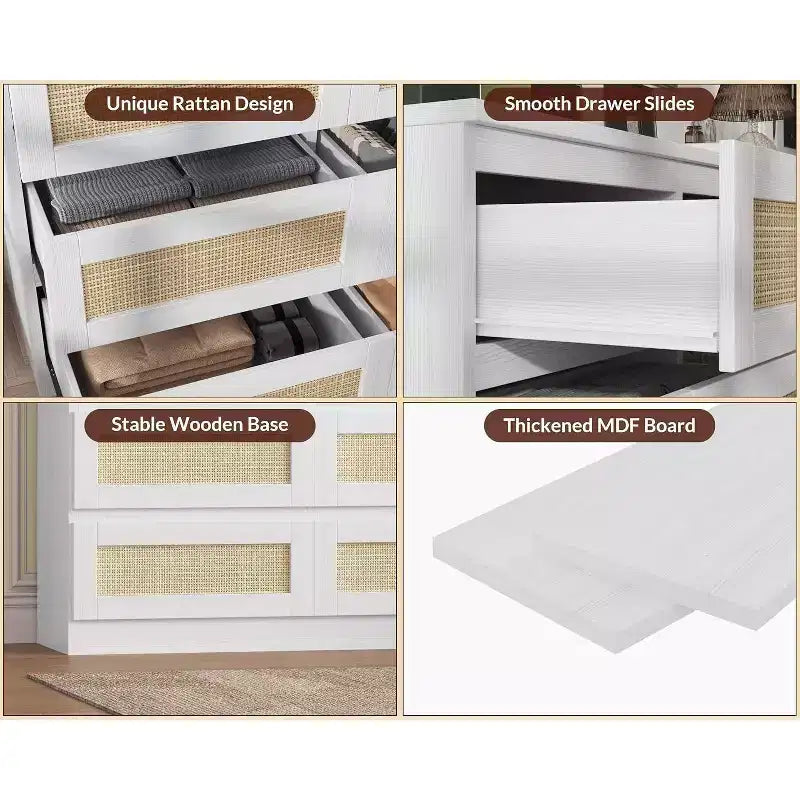 Cassettiera a 9 cassetti in rattan, nero/marrone/bianco, 160 cm, stile boho, per camera da letto/soggiorno/ingresso