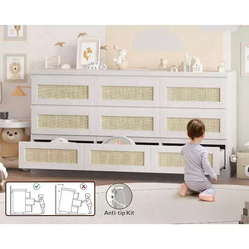 Cassettiera a 9 cassetti in rattan, nero/marrone/bianco, 160 cm, stile boho, per camera da letto/soggiorno/ingresso