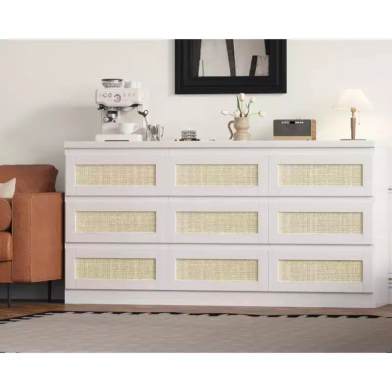 Cassettiera a 9 cassetti in rattan, nero/marrone/bianco, 160 cm, stile boho, per camera da letto/soggiorno/ingresso