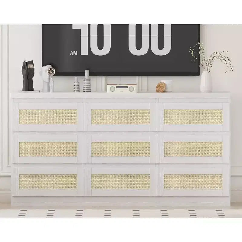Cassettiera a 9 cassetti in rattan, nero/marrone/bianco, 160 cm, stile boho, per camera da letto/soggiorno/ingresso