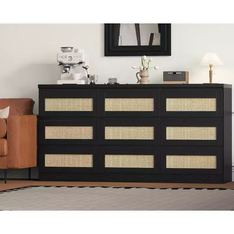 Cassettiera a 9 cassetti in rattan, nero/marrone/bianco, 160 cm, stile boho, per camera da letto/soggiorno/ingresso