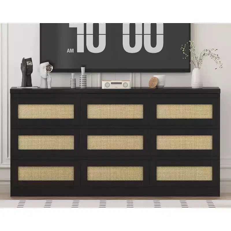 Cassettiera a 9 cassetti in rattan, nero/marrone/bianco, 160 cm, stile boho, per camera da letto/soggiorno/ingresso