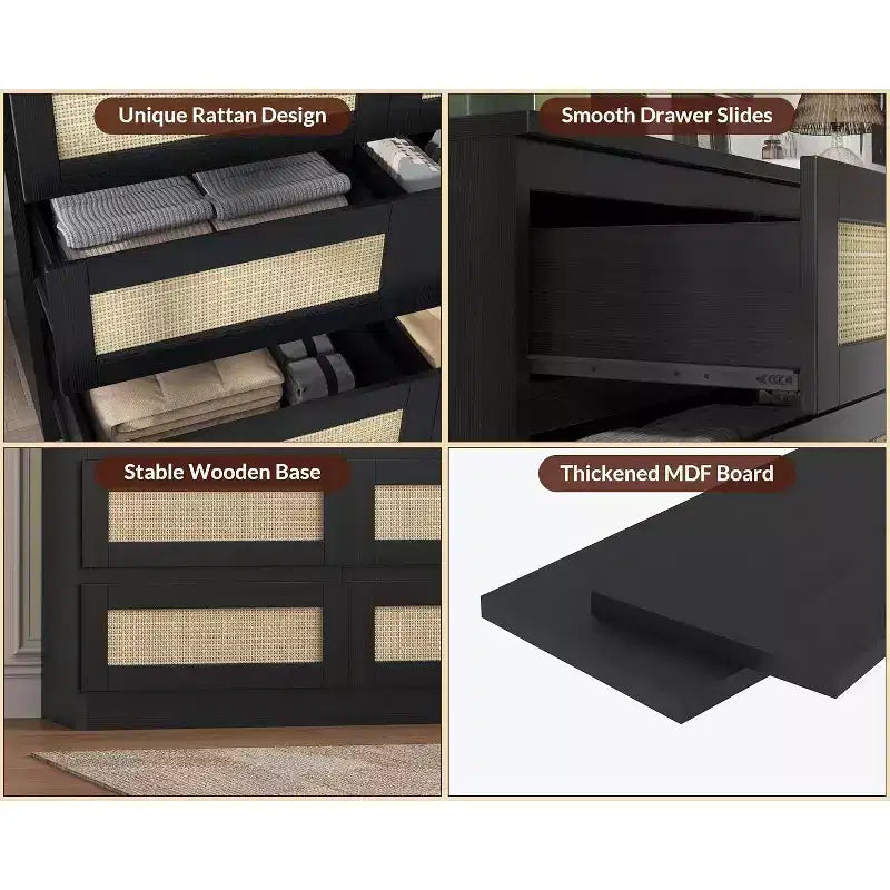 Cassettiera a 9 cassetti in rattan, nero/marrone/bianco, 160 cm, stile boho, per camera da letto/soggiorno/ingresso