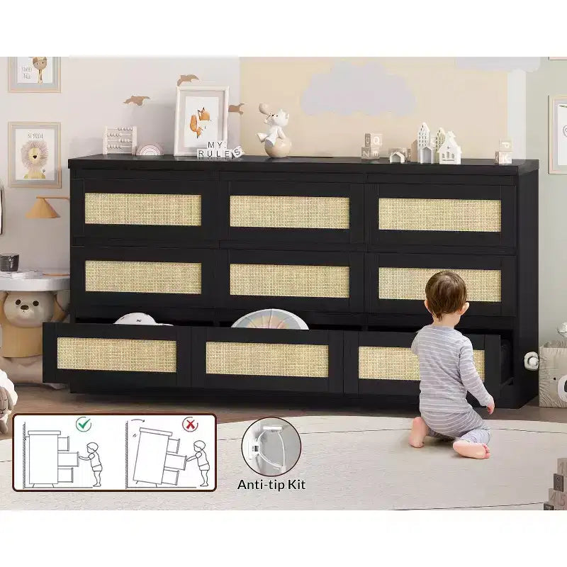 Cassettiera a 9 cassetti in rattan, nero/marrone/bianco, 160 cm, stile boho, per camera da letto/soggiorno/ingresso