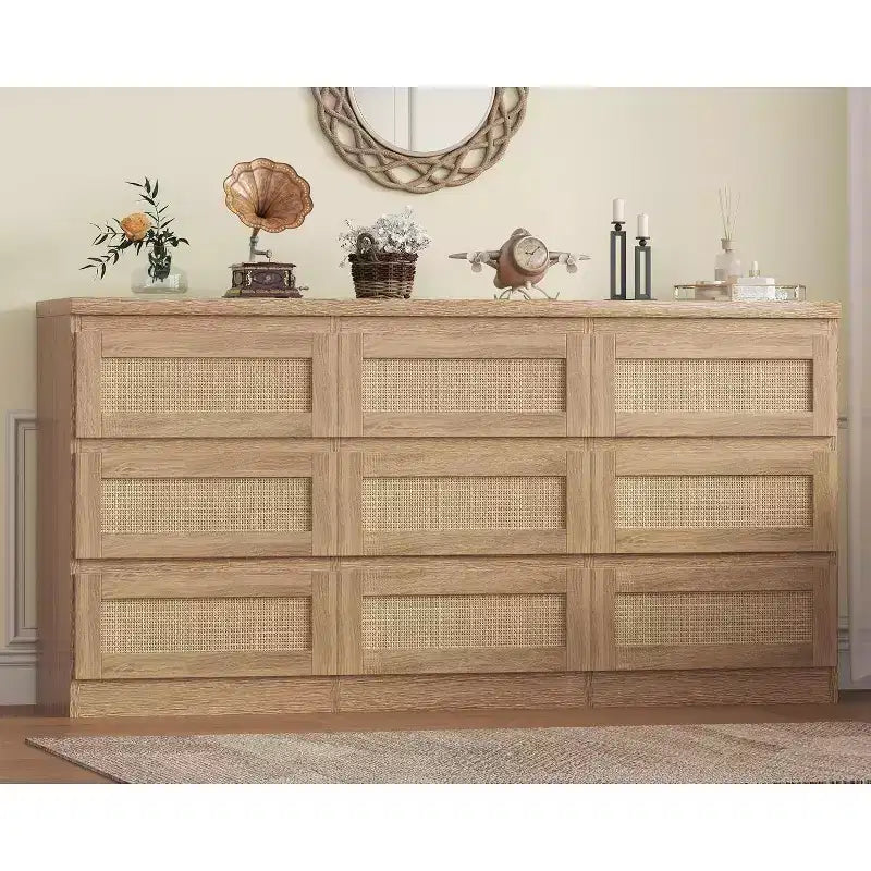 Cassettiera a 9 cassetti in rattan, nero/marrone/bianco, 160 cm, stile boho, per camera da letto/soggiorno/ingresso