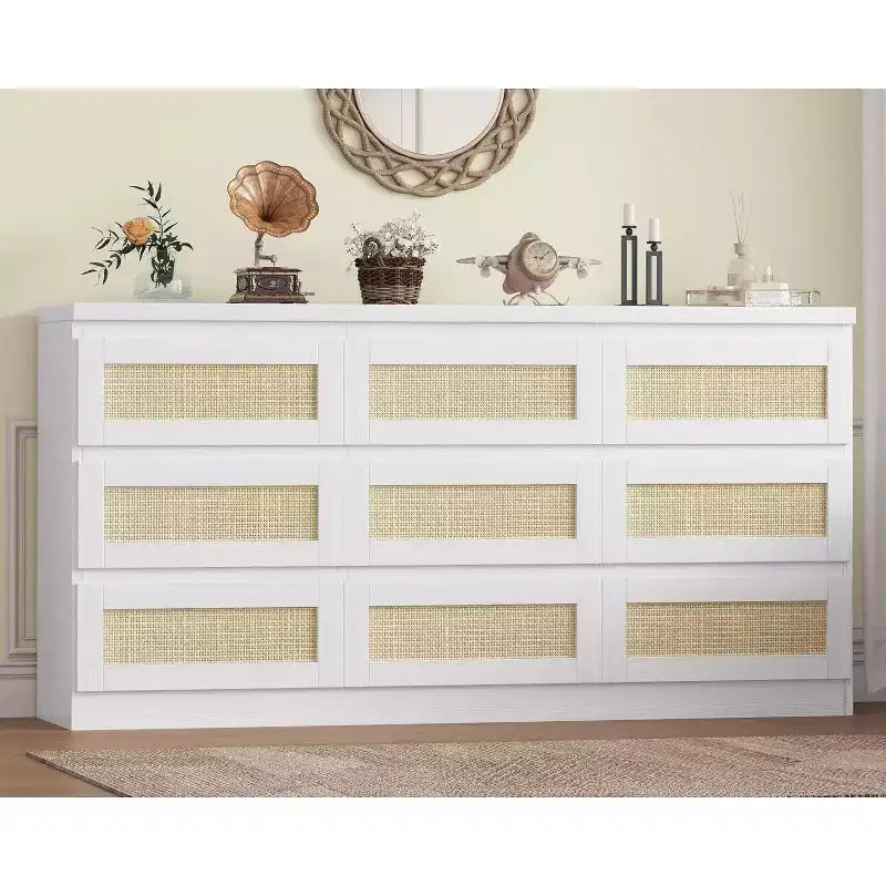 Cassettiera a 9 cassetti in rattan, nero/marrone/bianco, 160 cm, stile boho, per camera da letto/soggiorno/ingresso