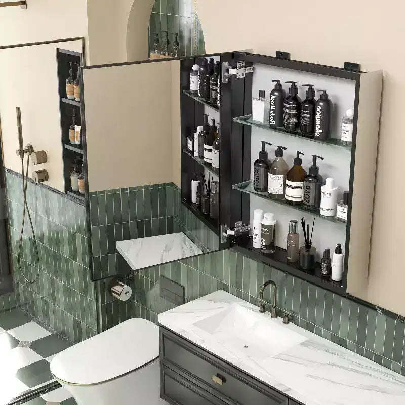 Pensile da bagno a specchio con cornice in metallo nero, 1 anta e 3 ripiani