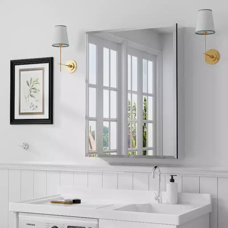 Pensile da bagno a specchio con cornice in metallo nero, 1 anta e 3 ripiani