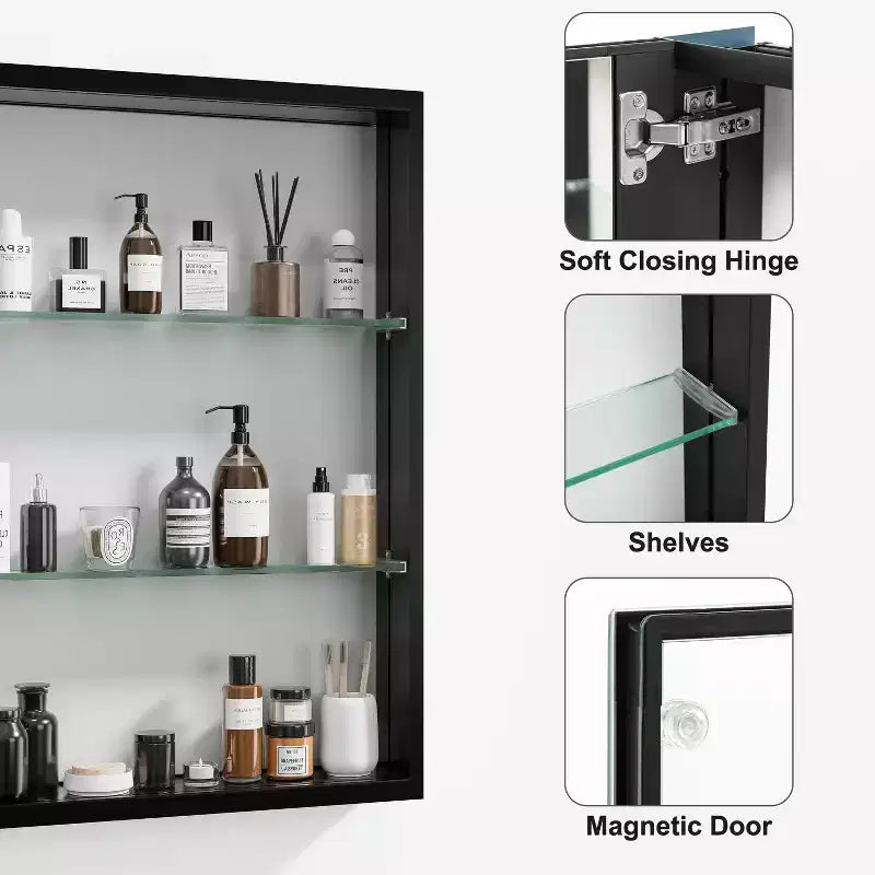 Pensile da bagno a specchio con cornice in metallo nero, 1 anta e 3 ripiani