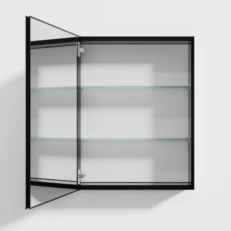 Pensile da bagno a specchio con cornice in metallo nero, 1 anta e 3 ripiani