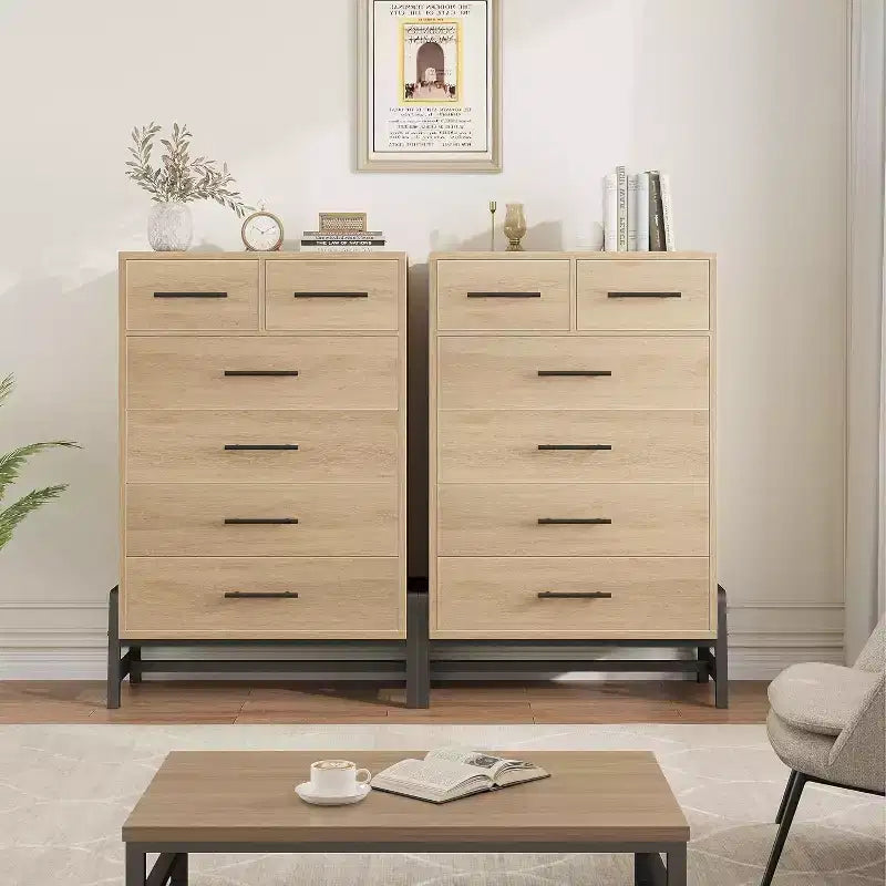 Acekool Cassettiera alta 118 cm con 4+2 cassetti - Adatta per robot aspirapolvere, finitura rovere naturale per camera da letto e ingresso