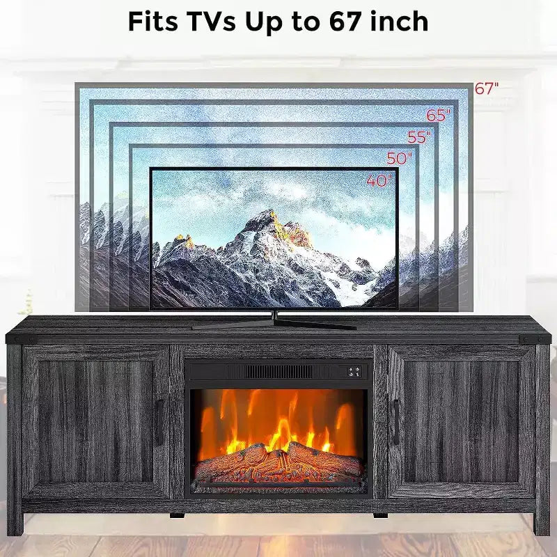 Mobile TV grigio scuro con caminetto elettrico da 23", adatto per TV fino a 65", mobiletto a 2 ante