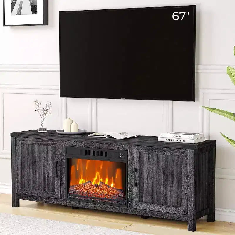 Mobile TV grigio scuro con caminetto elettrico da 23", adatto per TV fino a 65", mobiletto a 2 ante