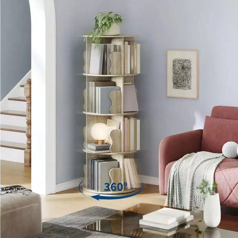 Libreria Girevole a Torre a 4 Ripiani | Rovere e Bianco | Scaffale ad Angolo