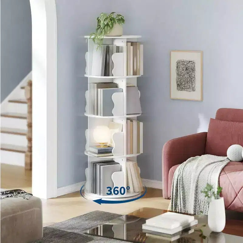 Libreria Girevole a Torre a 4 Ripiani | Rovere e Bianco | Scaffale ad Angolo