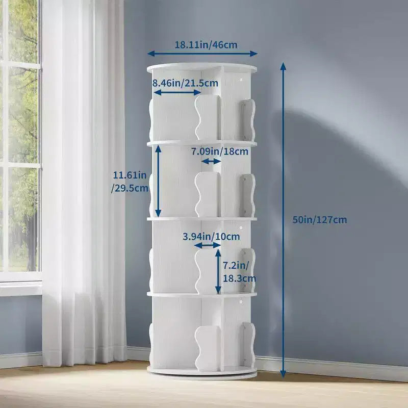 Libreria Girevole a Torre a 4 Ripiani | Rovere e Bianco | Scaffale ad Angolo