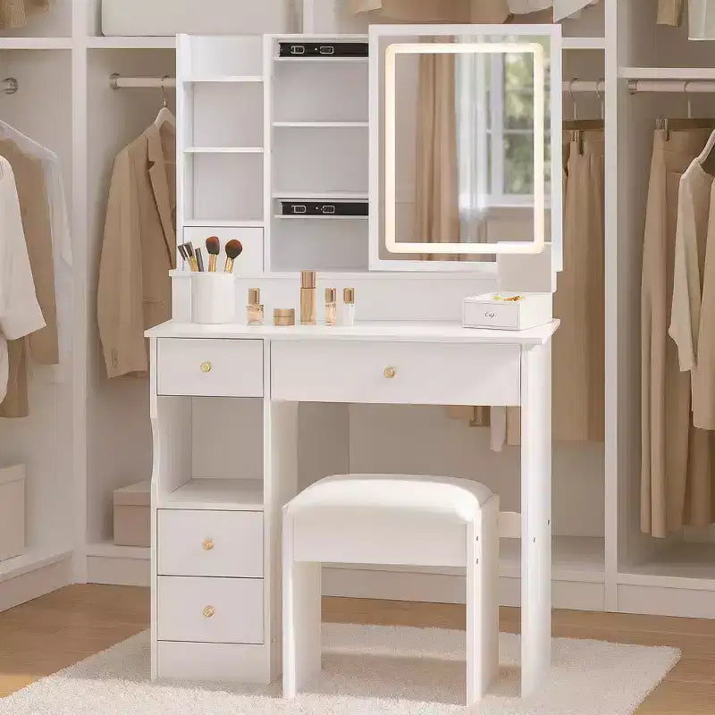 Homy Casa Vanity Table Set with Lighted Mirror and Storage Drawers for Bedroom or Dressing Room, White