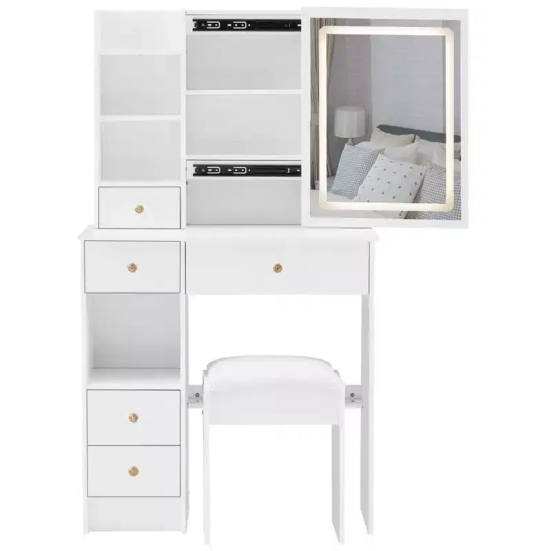 Set Tocador Luminoso Bianco con Sgabello, 1 Posto