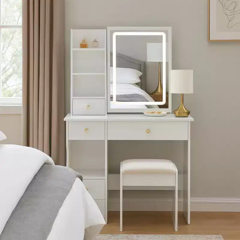 Set Tocador Luminoso Bianco con Sgabello, 1 Posto