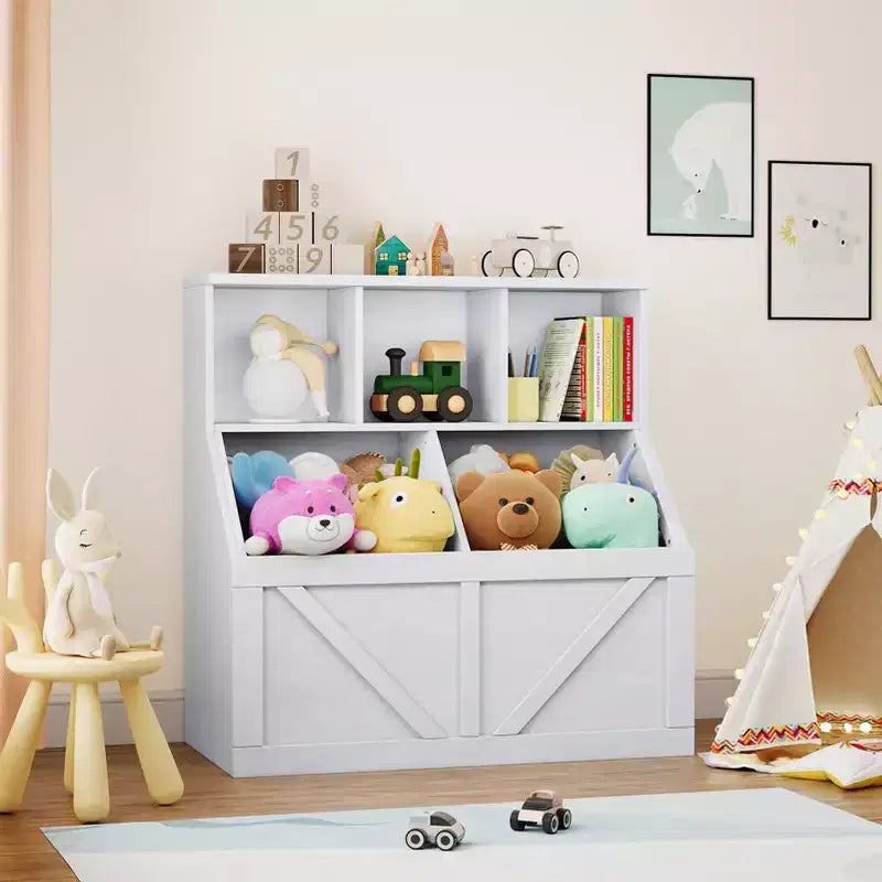 Scaffale per libri per bambini e mobiletto portagiochi grigio/bianco sporco/bianco, 1 persona