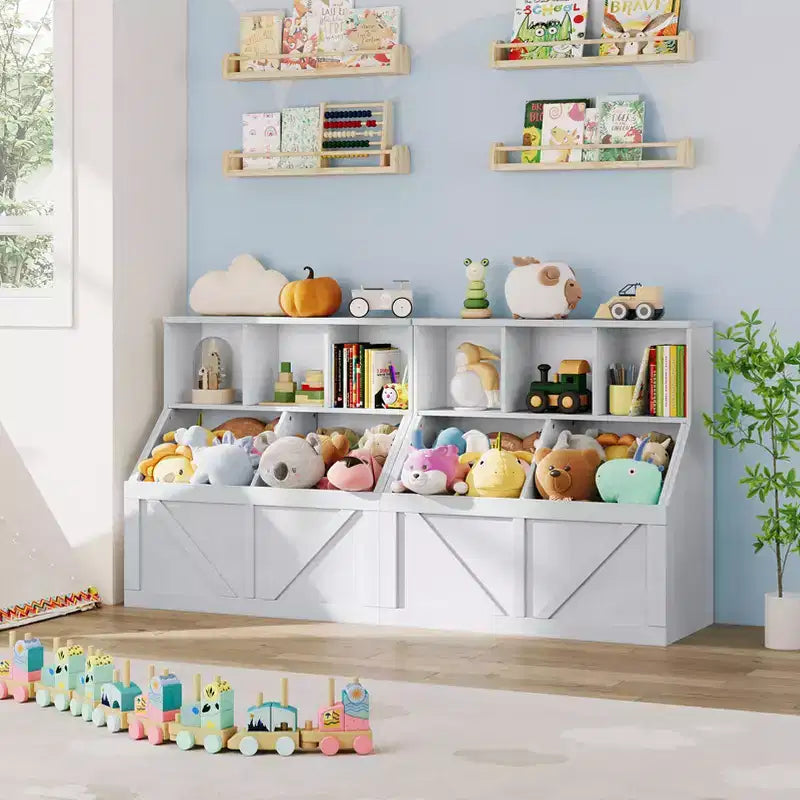 Scaffale per libri per bambini e mobiletto portagiochi grigio/bianco sporco/bianco, 1 persona