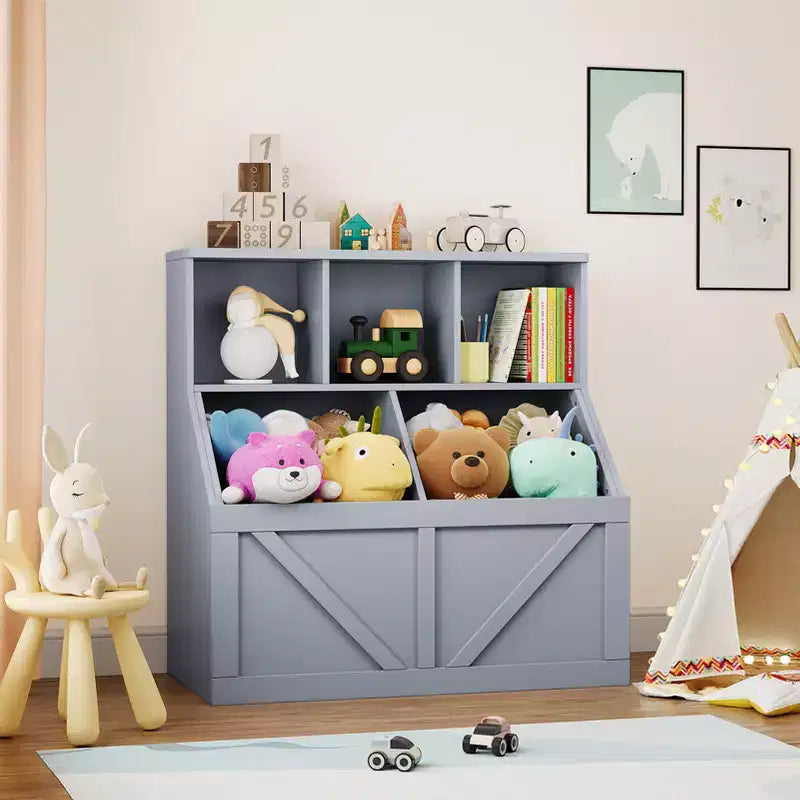 Scaffale per libri per bambini e mobiletto portagiochi grigio/bianco sporco/bianco, 1 persona
