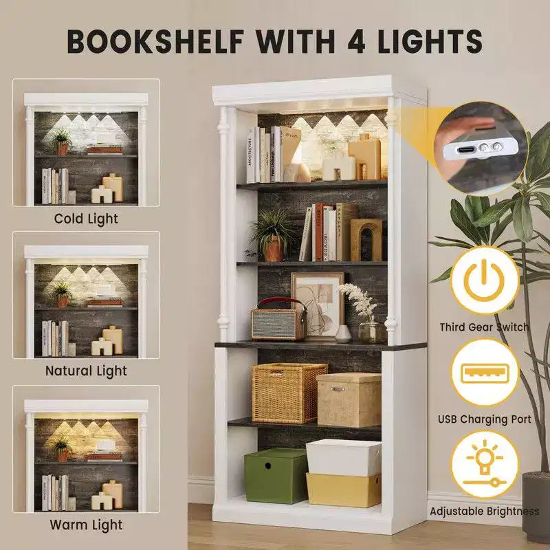 Libreria bianca a 5 ripiani con luci a LED, montaggio per 1 persona