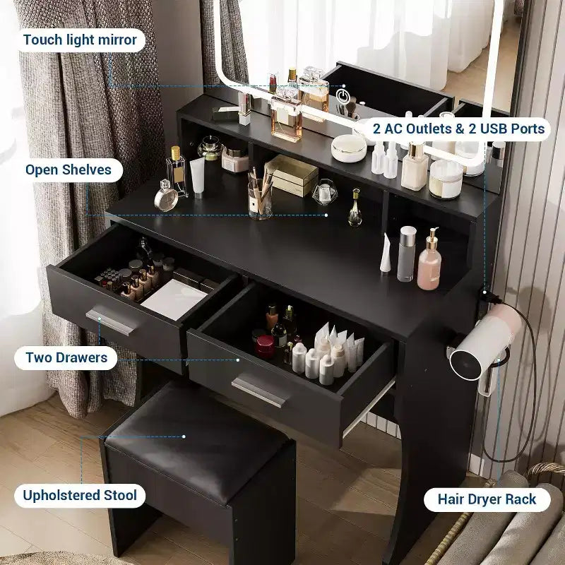 Toeletta Trucco Nera/Bianca con Specchio LED, Cassetti e Sgabello Imbottito – 1 Persona