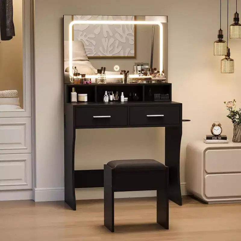 Toeletta Trucco Nera/Bianca con Specchio LED, Cassetti e Sgabello Imbottito – 1 Persona