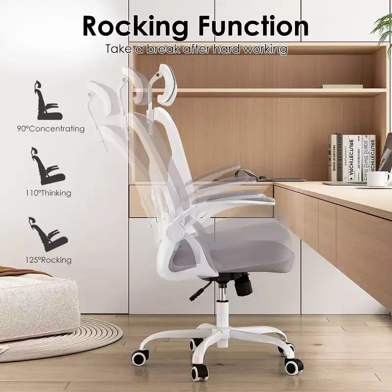Sedia da Ufficio con Ruote, Braccioli Ribaltabili, Poggiatesta Regolabile e Supporto Lombare – Nero / Grigio / Cachi / Rosa / Bianco / Multicolore, Singola