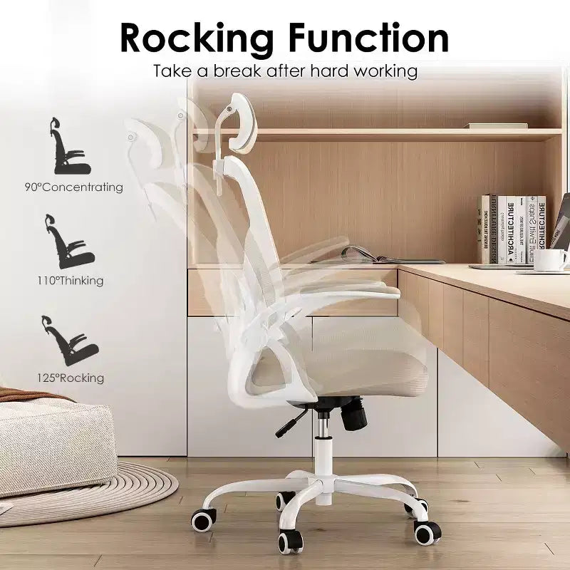 Sedia da Ufficio con Ruote, Braccioli Ribaltabili, Poggiatesta Regolabile e Supporto Lombare – Nero / Grigio / Cachi / Rosa / Bianco / Multicolore, Singola