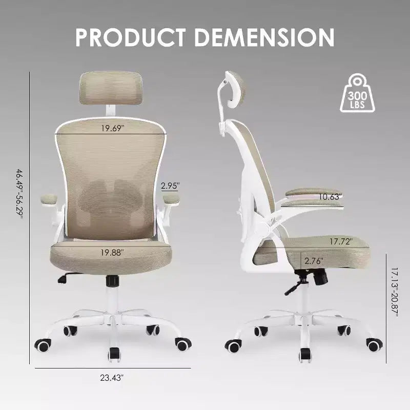 Sedia da Ufficio con Ruote, Braccioli Ribaltabili, Poggiatesta Regolabile e Supporto Lombare – Nero / Grigio / Cachi / Rosa / Bianco / Multicolore, Singola