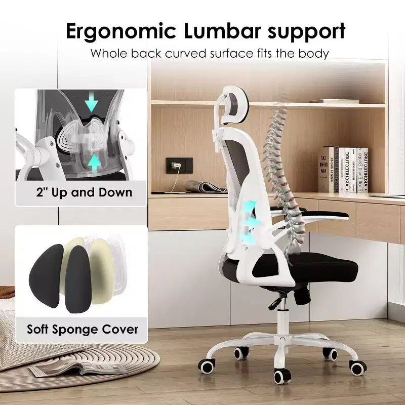Sedia da Ufficio con Ruote, Braccioli Ribaltabili, Poggiatesta Regolabile e Supporto Lombare – Nero / Grigio / Cachi / Rosa / Bianco / Multicolore, Singola