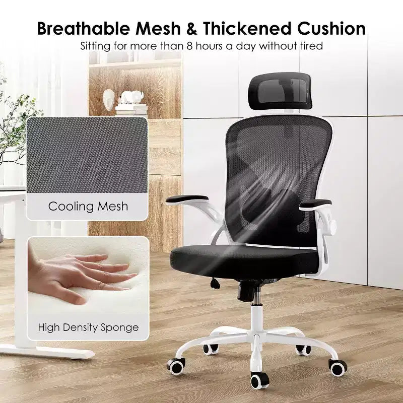 Sedia da Ufficio con Ruote, Braccioli Ribaltabili, Poggiatesta Regolabile e Supporto Lombare – Nero / Grigio / Cachi / Rosa / Bianco / Multicolore, Singola