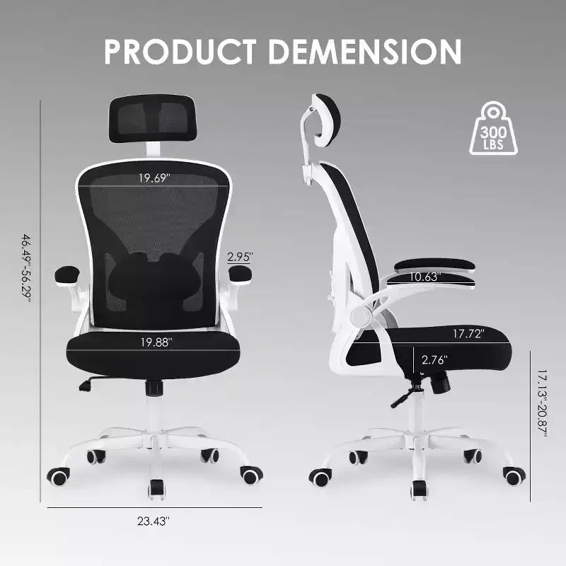 Sedia da Ufficio con Ruote, Braccioli Ribaltabili, Poggiatesta Regolabile e Supporto Lombare – Nero / Grigio / Cachi / Rosa / Bianco / Multicolore, Singola