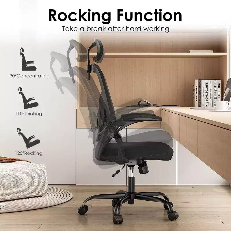 Sedia da Ufficio con Ruote, Braccioli Ribaltabili, Poggiatesta Regolabile e Supporto Lombare – Nero / Grigio / Cachi / Rosa / Bianco / Multicolore, Singola