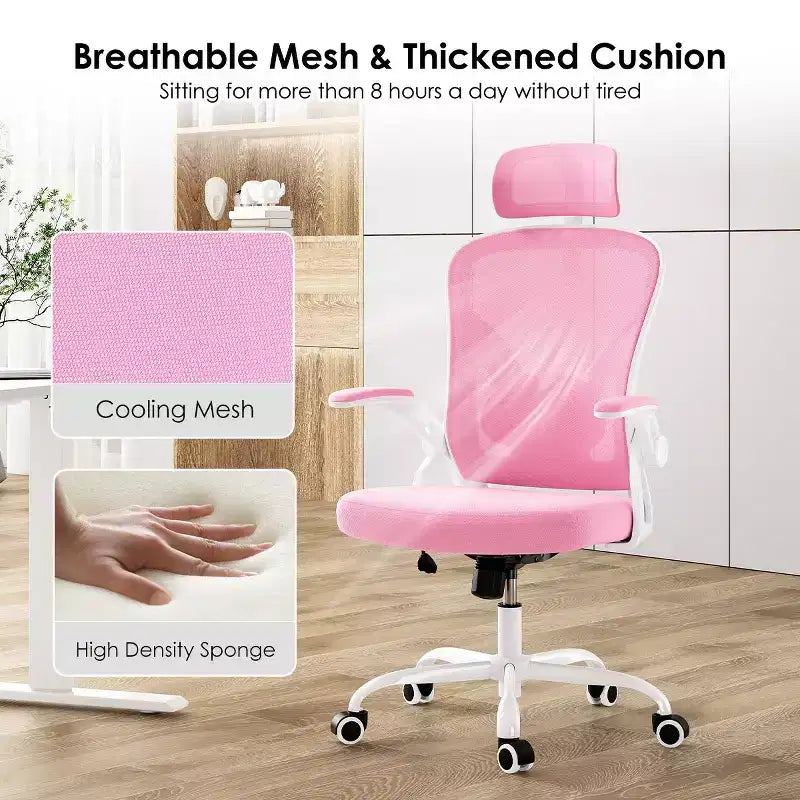 Sedia da Ufficio con Ruote, Braccioli Ribaltabili, Poggiatesta Regolabile e Supporto Lombare – Nero / Grigio / Cachi / Rosa / Bianco / Multicolore, Singola